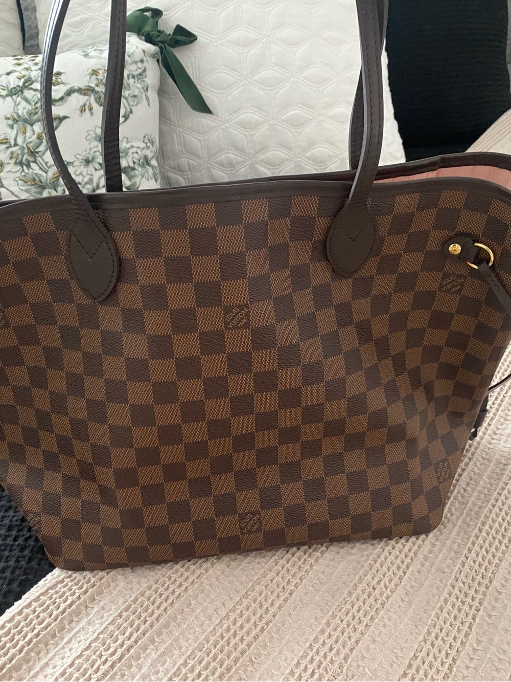 Louis Vuitton Brown Damier Check Tote bag with Dark Leather Trim MM